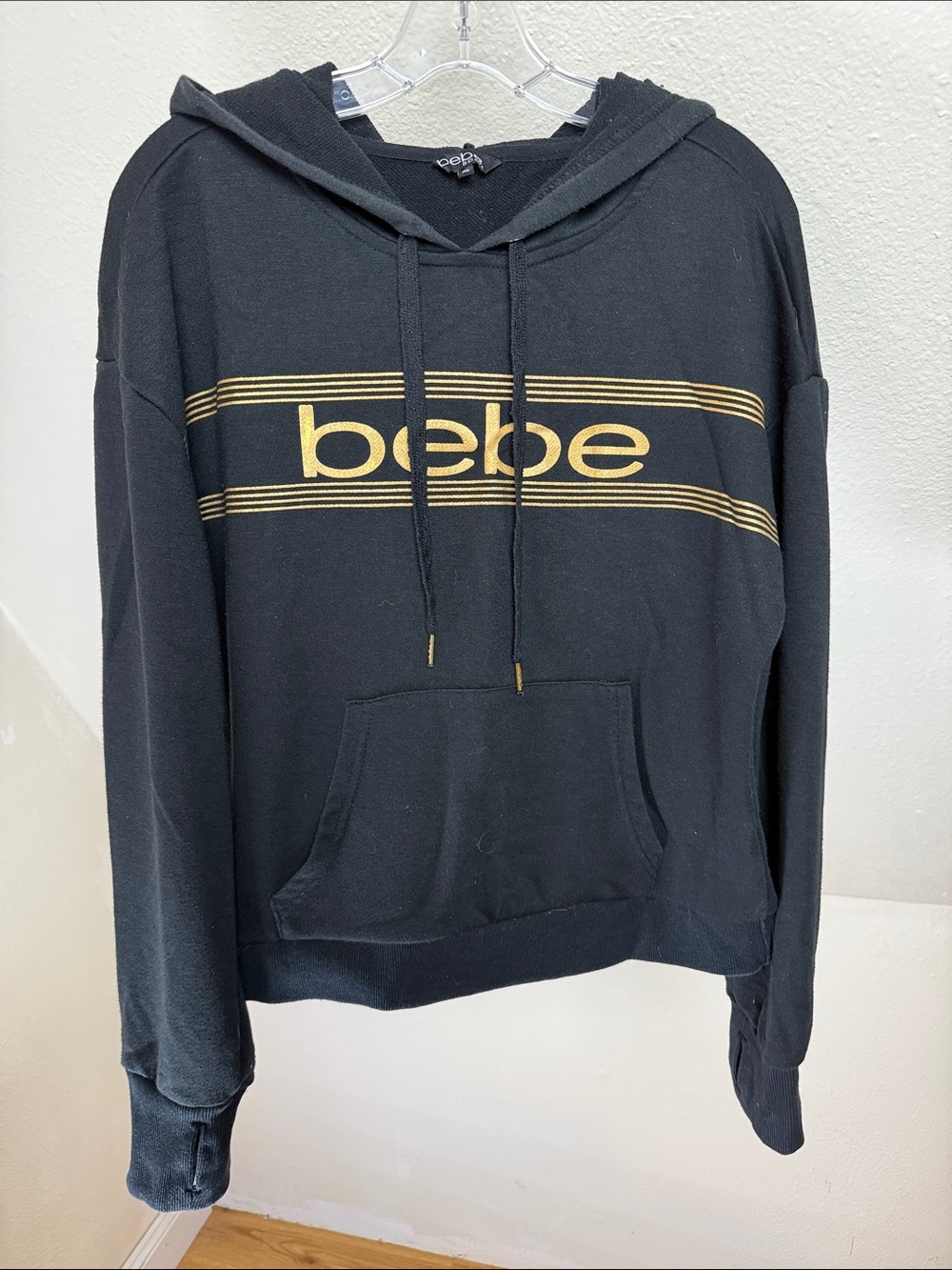 bebe Black Hoodie Sweatshirt with Gold Logo Size XL
